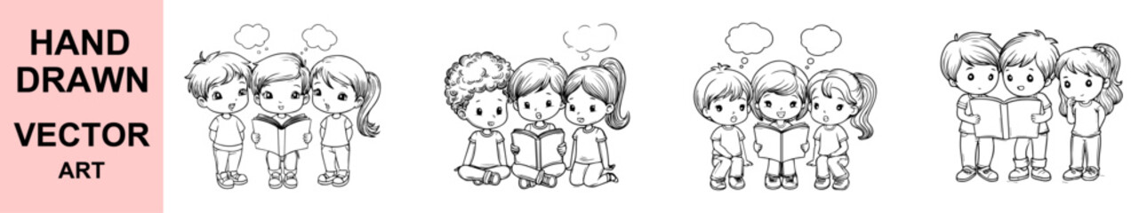Charming hand drawn vector illustration of children reading book together, educational scene with cartoon kids, ideal for school, teaching, and learning concepts.