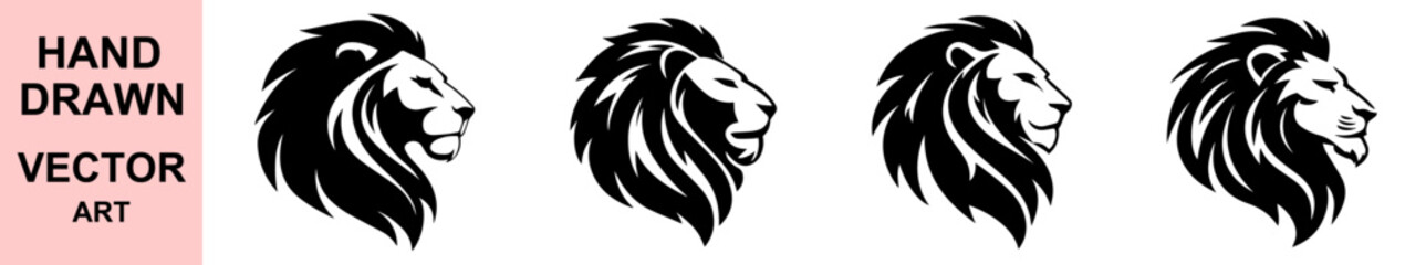 Hand drawn vector illustration of powerful lion head in profile view, detailed black ink line art for logo, tattoo, emblem, branding, or sports designs.