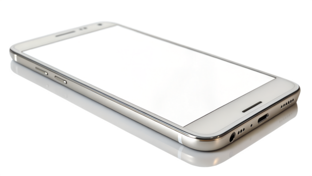 Modern silver smartphone with blank white screen isolated on transparent background