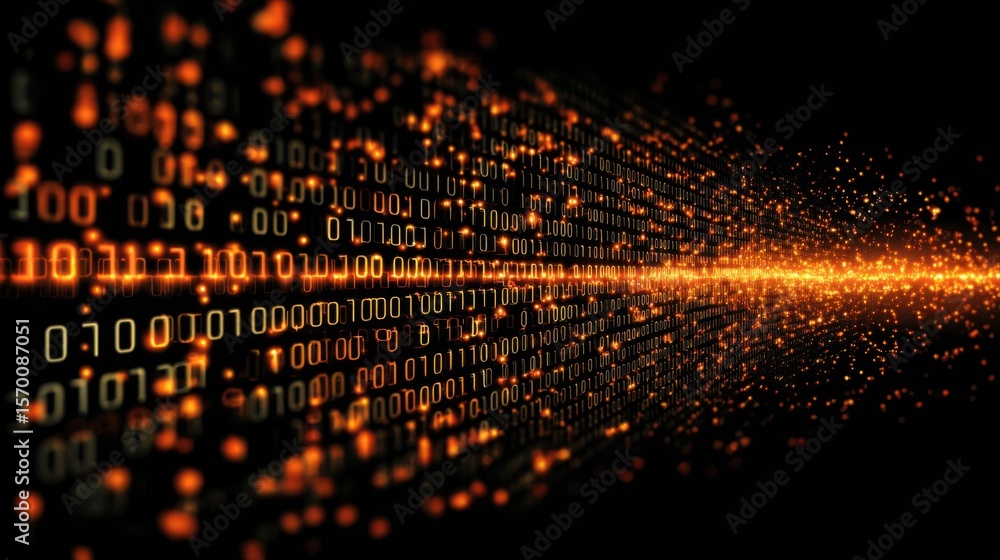 Poster lights of orange and yellow particles cascade across a dark background, creating the illusion of flo