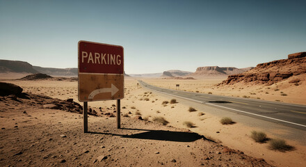 Desert Roadside Parking Sign In Remote Landscape For Travel Destination
