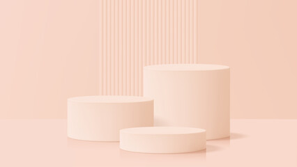 Product podium mockup scene with three empty cylindrical pedestals and ribbed background. Studio showcase for display.