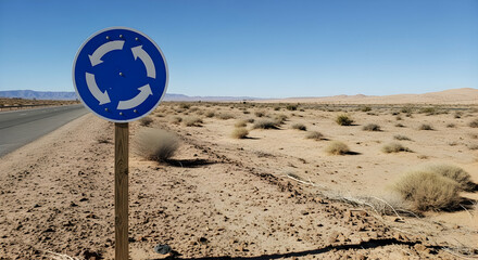 Desert Roundabout Sign Under Blue Sky Roadside Safety In Arid Landscape