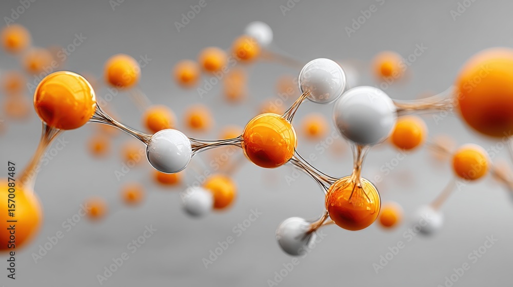 Poster complex arrangements of orange and white spheres connected by delicate threads represent molecular s