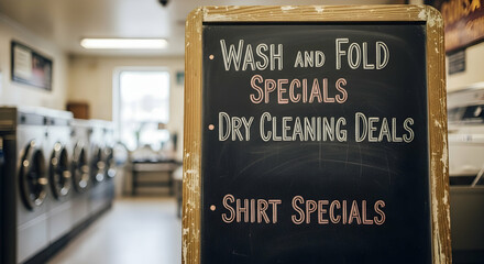 Chalkboard Sign Advertising Laundry Service Specials At A Clean Laundromat