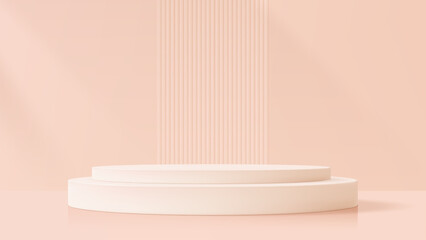 Pink podium with two round tiers. Empty product display stage for mockup. Ideal for beauty, cosmetic product presentation and advertising.
