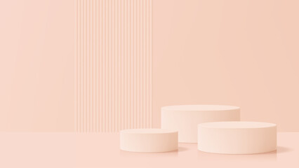 Three beige podiums for product display with a clean background. Empty stand for cosmetic product. Minimal geometric shapes for presentation.