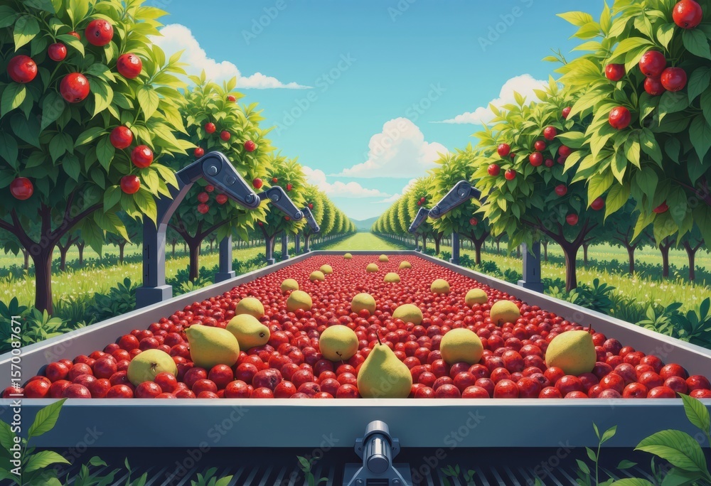Aufkleber automated fruit sorting tray with apples and pears in a vibrant orchard