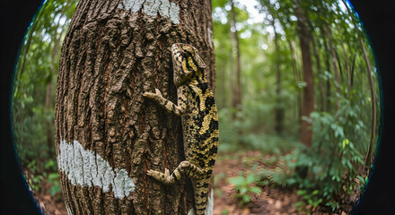Chameleon Climbs On Tree Trunk In Natural Habitat Wide Angle