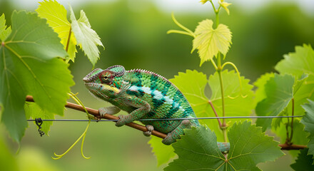 Chameleon Perched Among Vine Leaves In Natural Habitat Close-Up View