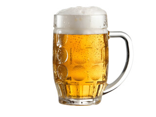 A cold refreshing mug of beer with frothy head isolated on transparent background