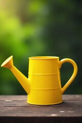 Vibrant Yellow Watering Can on Rustic Wood Spring Gardening Imagery, Growth, and Nurturing