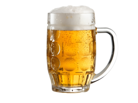 A cold refreshing mug of beer with frothy head isolated on transparent background