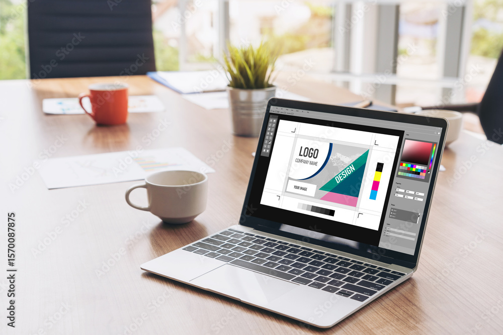Poster graphic designer software for modern design of web page and commercial ads showing on the computer s