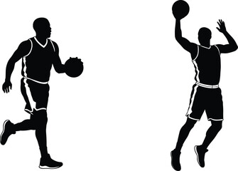 Basketball motion duo cad drawing flat vector illustration, dribbling and leaping silhouettes, players in dynamic sports action, front view layout