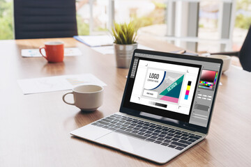 Fototapeta premium Graphic designer software for modern design of web page and commercial ads showing on the computer screen