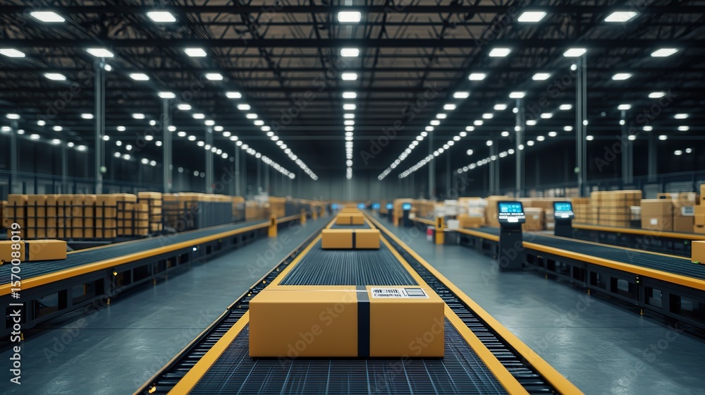 Poster a logistics hub with ai-controlled robots sorting packages on conveyor belts