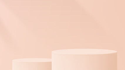 Two pink pastel cylinder pedestals. Product podium mock up for cosmetic or beauty product display. 3d geometrical shape stage.