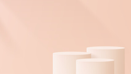 Three empty product display podium mockup in light pastel peach color with natural sunlight shadow. Scene for product presentation advertising.