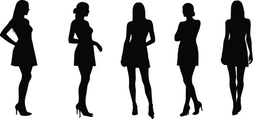 Fashion stance collection cad drawing flat vector illustration, five female silhouettes in dresses and heels, confident front posture layout