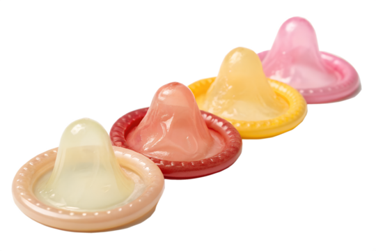 Four colorful condoms arranged in a diagonal line isolated on transparent background