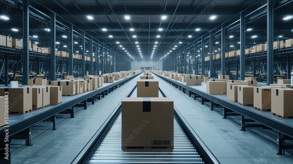Fototapete a logistics hub with ai-controlled robots sorting packages on conveyor belts, overhead lights creati