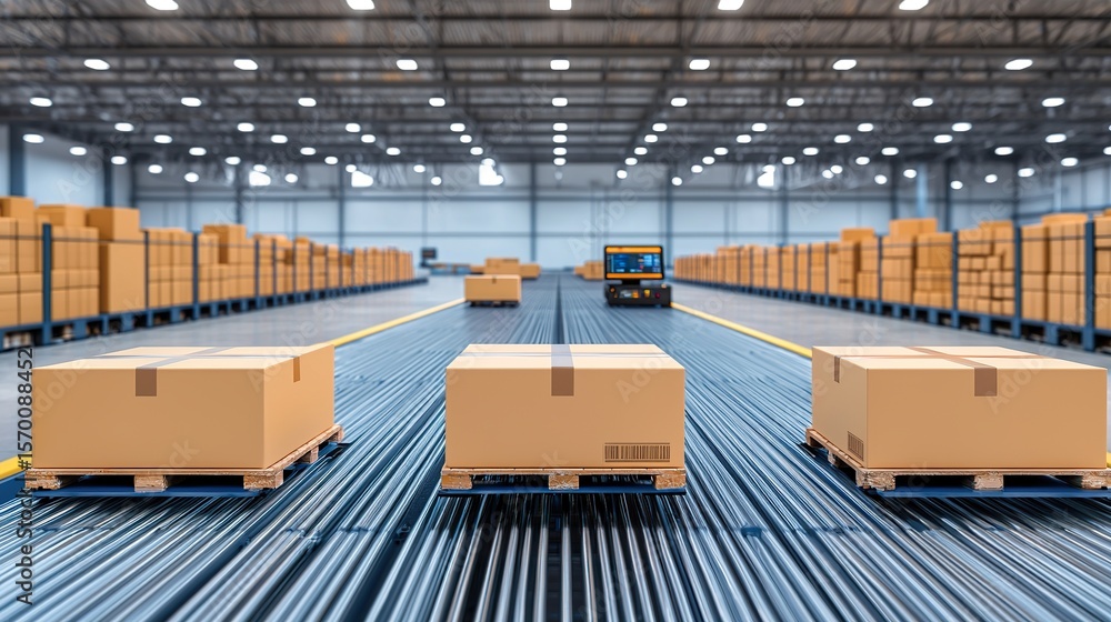 Fototapete a logistics hub with ai-controlled robots sorting packages on conveyor belts, overhead lights creati