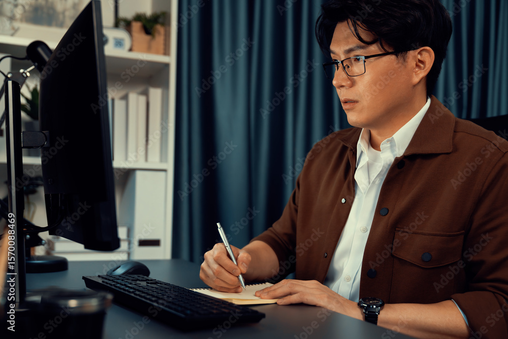 Poster smart businessman writing information from computer to check business data report on sales target re