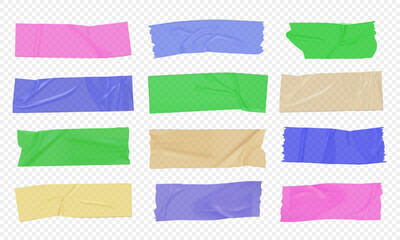 Colorful adhesive tape set vector illustration with realistic wrinkled texture, sticky strips, masking tape pieces for design projects