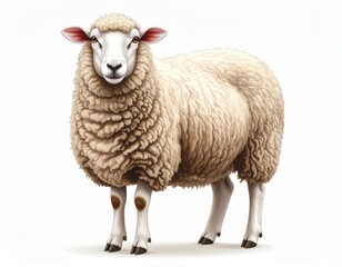 Fluffy White Sheep Standing on White Background