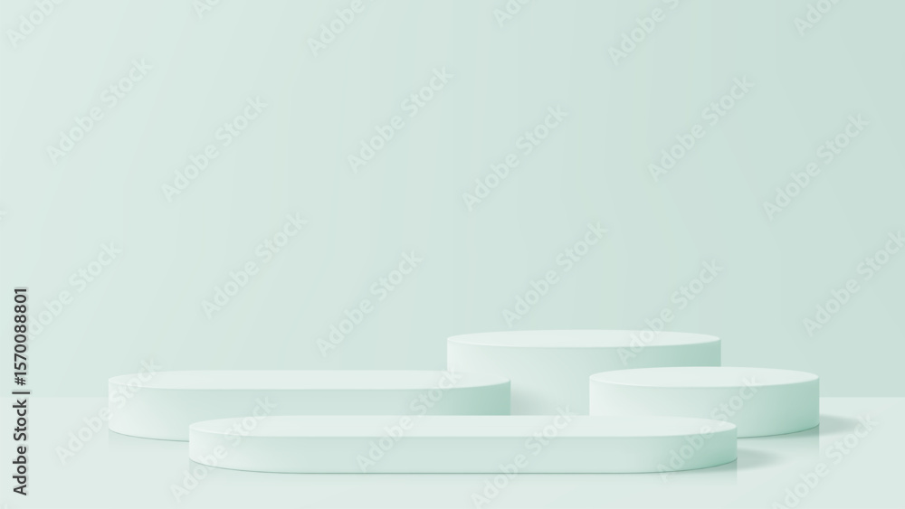 Poster minimal product display with various geometric podiums. 3d studio background for beauty product pres