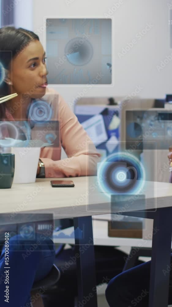 Aufkleber animation of data processing with scope scanning over diverse business people working at office