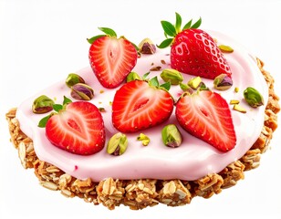 Fototapeta premium Pink Yogurt with Strawberries and Pistachios on Granola