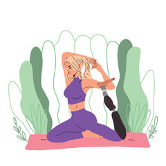 A young girl with a prosthetic leg practicing yoga in the park. The twisting pose promotes flexibility and relaxation. Vector graphics on white background