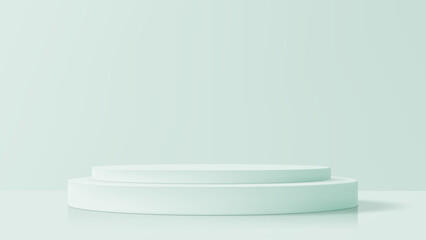 Light green two tier geometric podium stage. Product display pedastal. Empty room studio for cosmetic or fashion presentation.