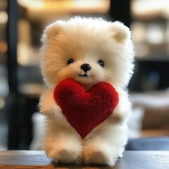 Small white bear holding heart symbol. Concept of kindness and care.