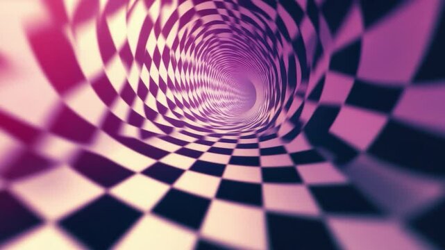 Abstract checkered tunnel, purple and black, perspective distortion, depth illusion, swirling pattern, vortex effect, infinity, endless.