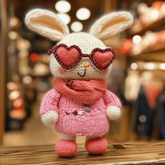 Knitted white rabbit in pink sweater. Handmade wool toy craft.