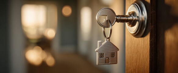 The key with a house tag in a beautifully lit doorway setting.