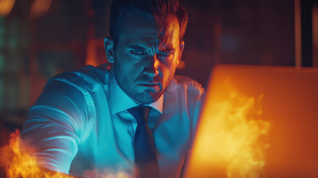 Man in a business shirt working on a laptop during the night with a strange orange glow in the background showing through the window