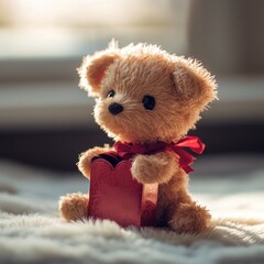 Fluffy teddy bear with a red gift box. Perfect holiday surprise.