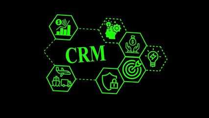 customer relationship management (crm) concept animation on black background,business and technology concept ,crm strategy with sales, marketing, and security icon,customer management idea video in 4k - Powered by Adobe