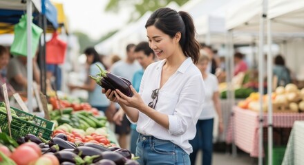 Beautiful Asian woman shopping at an open air Farmers Market, Fresh Food, Fresh Fruit and Vegetables, Handmade crafts
