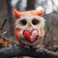 Fluffy orange owl holding a red heart. Magic forest character.