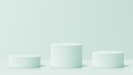 Three round display podiums on a light blue background for product promotion. Empty cylinder stages for cosmetic show.