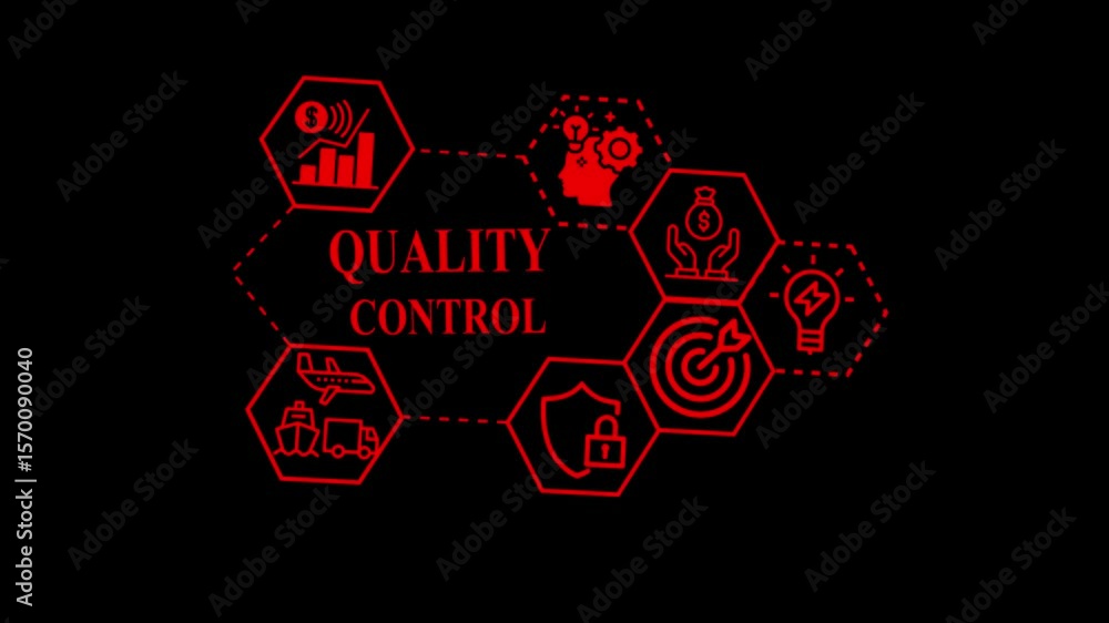 Poster animated diagram of quality control management on black background.hud style quality management dash