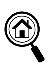 Magnifying glass focusing on the house symbol, search concept, simple graphic design, transparent background
