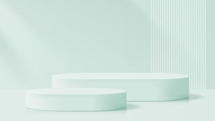 Mint green 3d empty round product display podium. Minimal geometric stand for cosmetic, fashion, luxury presentation. Studio mock up background.
