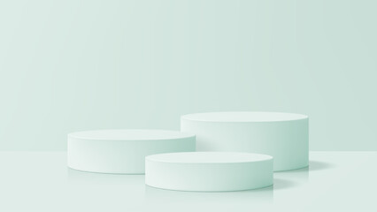 Three mint green cylindrical product podiums with reflection, on a pastel background. 3d geometrical stage for cosmetic and advertising.