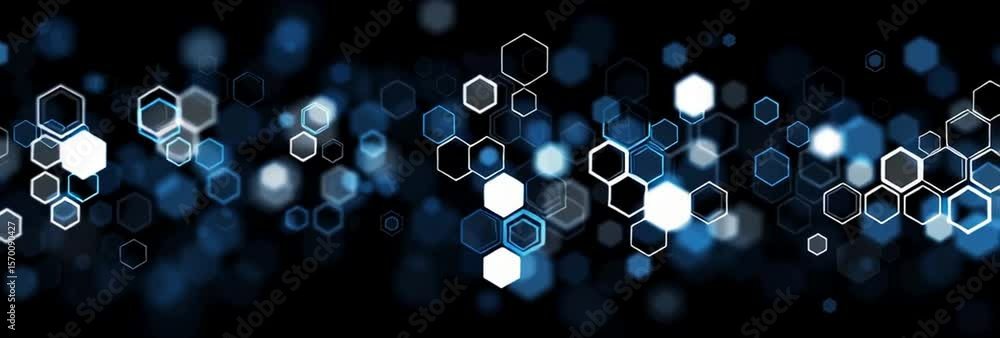 Poster black background with white and blue hexagons representing technology, data connection, or digital n